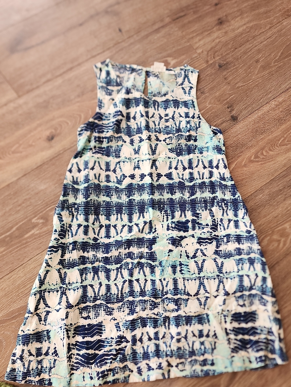 Womens 100% Linen Blue & White Patterned Sleeveless Dress